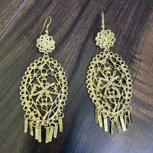 Large Fancy Gold Tone Lacy Dangle Earrings